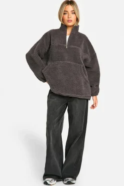 Sweatshirts|Hoodies & Sweatshirts*boohoo Borg Half Zip Oversized Sweatshirt charcoal