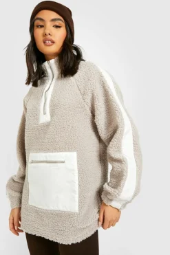 Sweatshirts|Dsgn Studio*boohoo Borg Nylon Half Zip Sweater grey