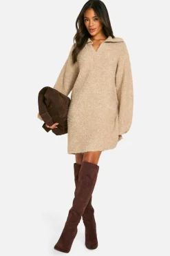 Jumper Dresses|Jumper Dresses*boohoo Borg Oversized Collar Detail Mini Dress camel