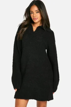 Mini Dresses|Jumper Dresses*boohoo Borg Oversized Collar Detail Mini Jumper Dress black