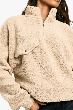 Sweatshirts|Hoodies & Sweatshirts*boohoo Borg Pocket Detail Half Zip Sweatshirt stone