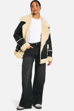 Up To 80% Off Winter Warmers|Aviator Jackets*boohoo Borg Trim Jacket black
