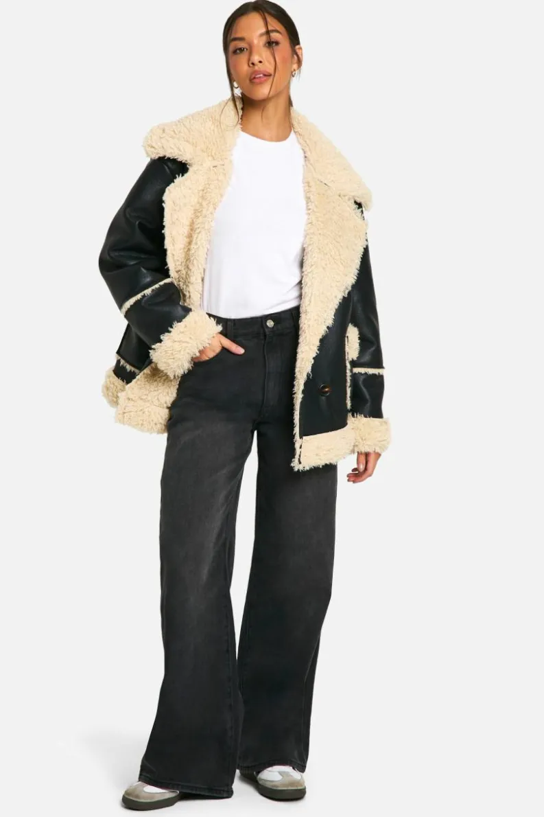 Up To 80% Off Winter Warmers|Aviator Jackets*boohoo Borg Trim Jacket black