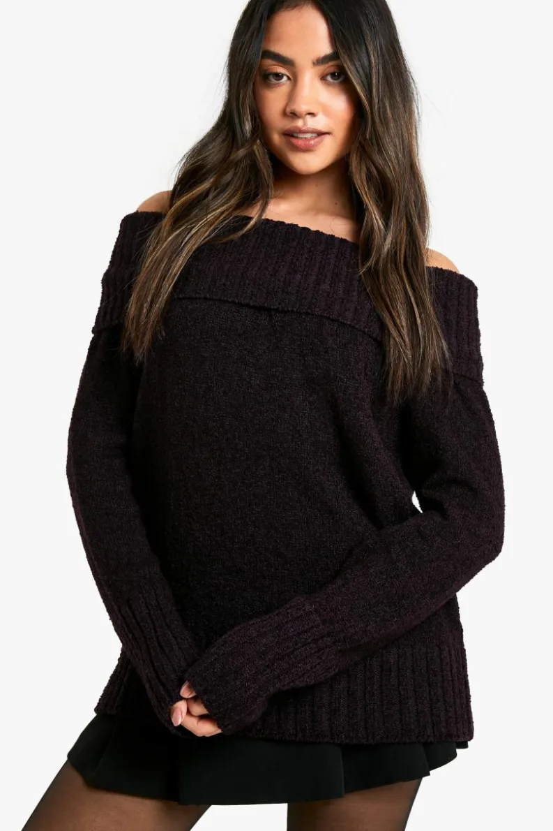 Jumpers|Jumpers & Cardigans*boohoo Boucle Bardot Knitted Jumper plum