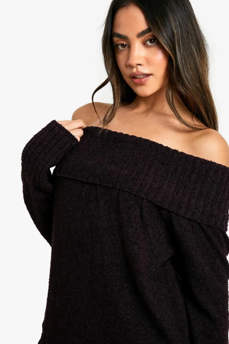 Jumpers|Jumpers & Cardigans*boohoo Boucle Bardot Knitted Jumper plum