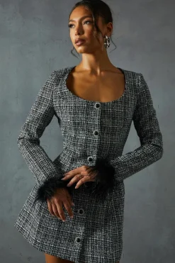 A Line Dresses*MissPap Boucle Feather Trim A-Line Mini Dress black