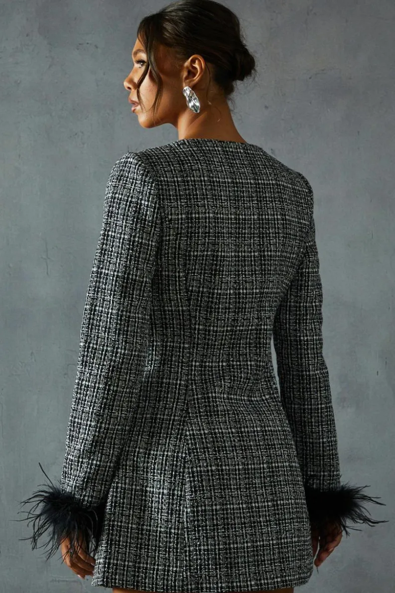A Line Dresses*MissPap Boucle Feather Trim A-Line Mini Dress black