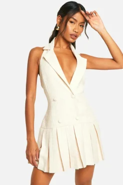 Blazer Dresses|Mini Dresses*boohoo Boucle Halter Tennis Skirt Dress stone