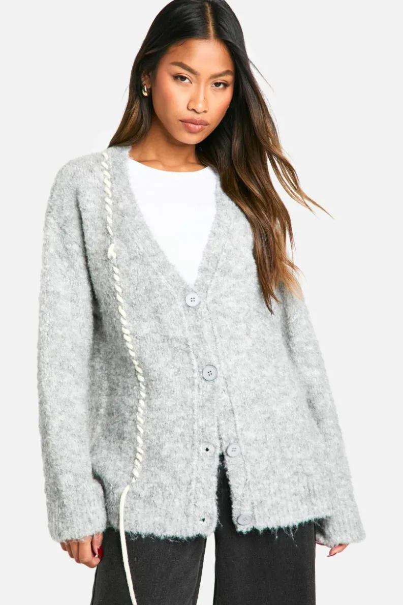 Cardigans*boohoo Boucle Knit Stitch Detail Cardigan grey marl