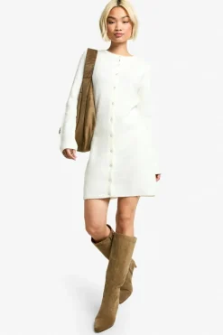 Mini Dresses|Jumper Dresses*boohoo Boucle Knitted Button Down Mini Dress cream