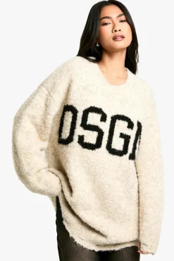 Oversized Jumpers|Jumpers*boohoo Boucle Knitted Dsgn Slogan Oversized Jumper oatmeal