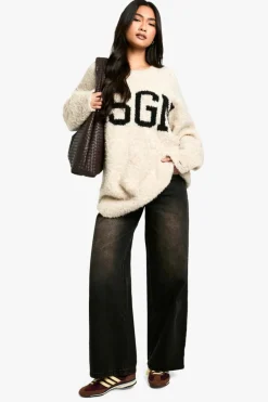 Oversized Jumpers|Jumpers*boohoo Boucle Knitted Dsgn Slogan Oversized Jumper oatmeal