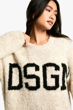 Oversized Jumpers|Jumpers*boohoo Boucle Knitted Dsgn Slogan Oversized Jumper oatmeal