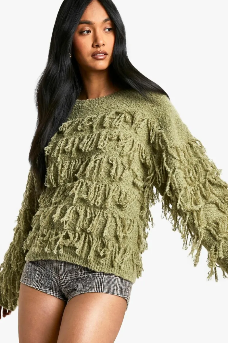 Jumpers|Jumpers & Cardigans*boohoo Boucle Knitted Fringe Jumper khaki