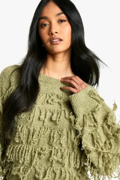 Jumpers|Jumpers & Cardigans*boohoo Boucle Knitted Fringe Jumper khaki