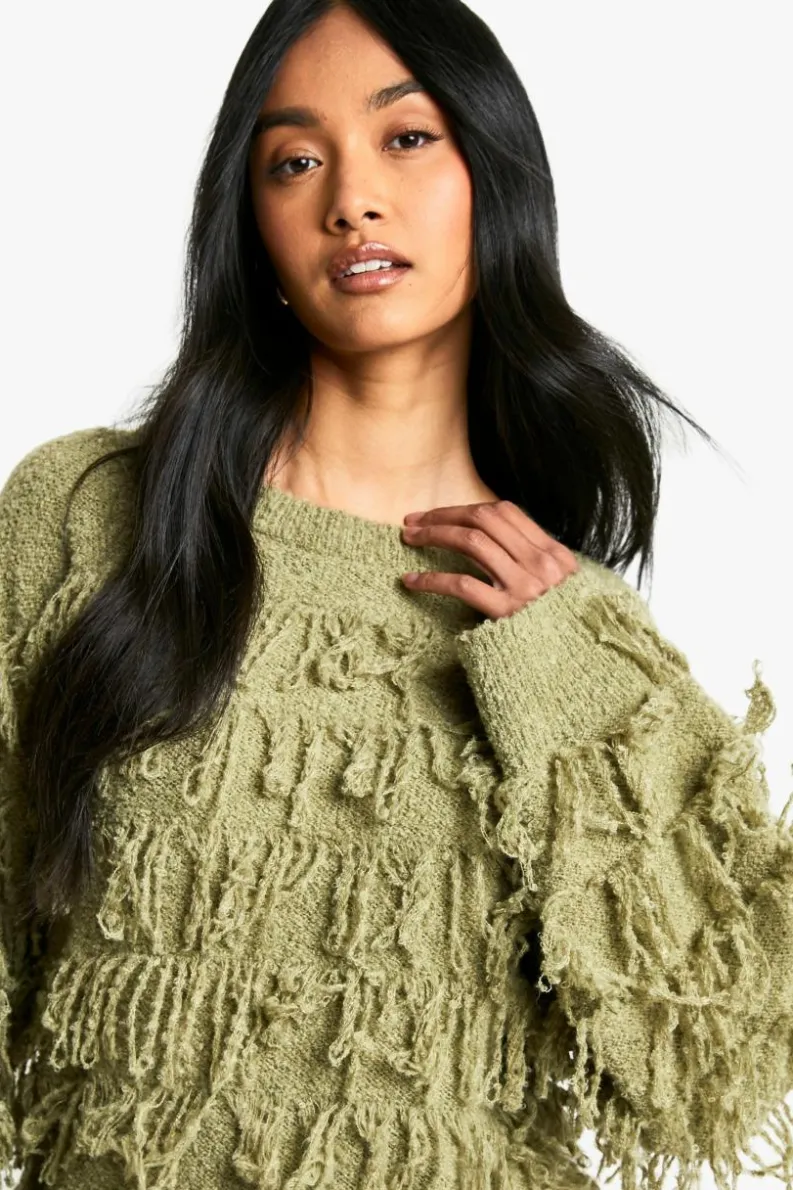 Jumpers|Jumpers & Cardigans*boohoo Boucle Knitted Fringe Jumper khaki