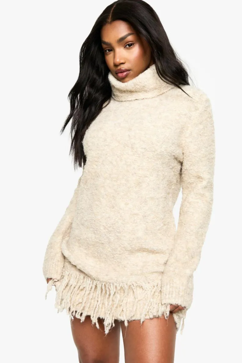 Jumper Dresses|Jumper Dresses*boohoo Boucle Knitted Roll Neck Tassel Jumper Dress oatmeal