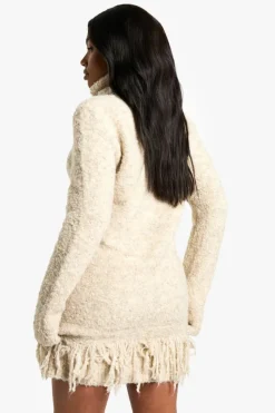 Jumper Dresses|Jumper Dresses*boohoo Boucle Knitted Roll Neck Tassel Jumper Dress oatmeal