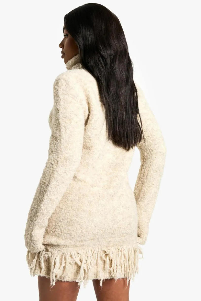 Jumper Dresses|Jumper Dresses*boohoo Boucle Knitted Roll Neck Tassel Jumper Dress oatmeal