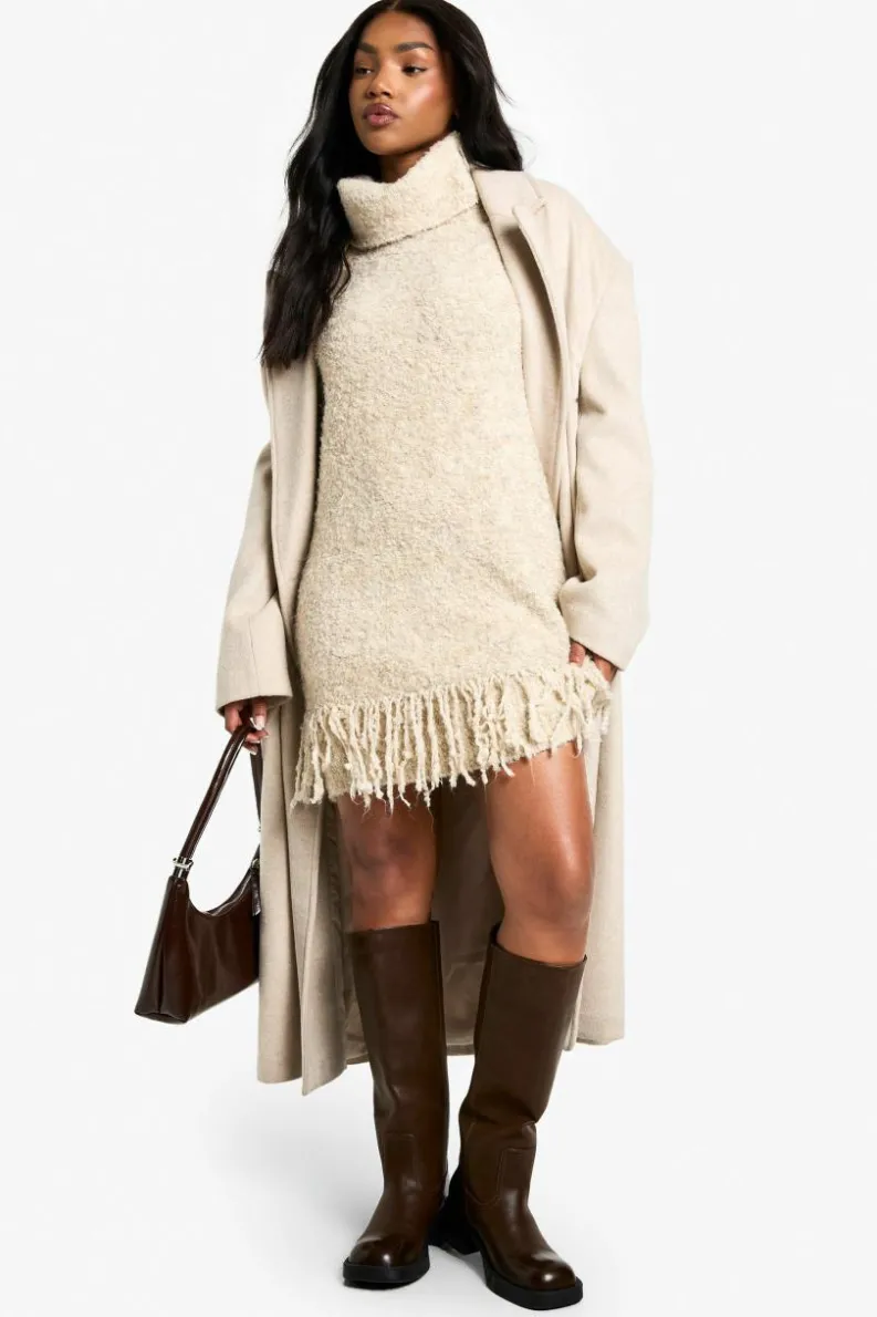 Jumper Dresses|Jumper Dresses*boohoo Boucle Knitted Roll Neck Tassel Jumper Dress oatmeal