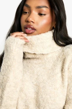 Jumper Dresses|Jumper Dresses*boohoo Boucle Knitted Roll Neck Tassel Jumper Dress oatmeal