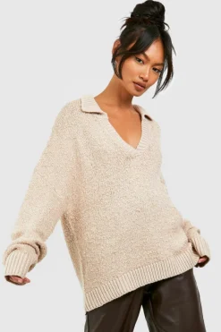 Jumpers*boohoo Boucle Polo Collar Jumper stone