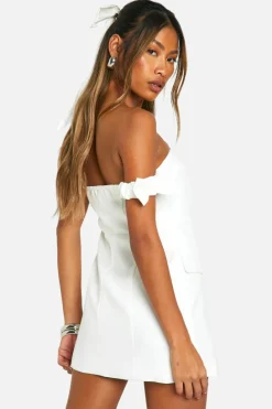Skater Dresses*boohoo Bow Bardot Tailored Mini Dress ivory