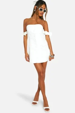 Skater Dresses*boohoo Bow Bardot Tailored Mini Dress ivory