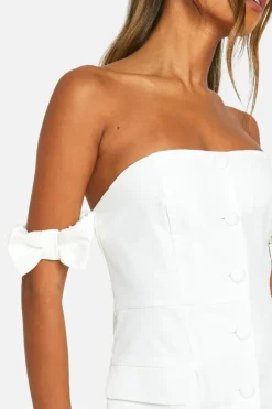 Skater Dresses*boohoo Bow Bardot Tailored Mini Dress ivory