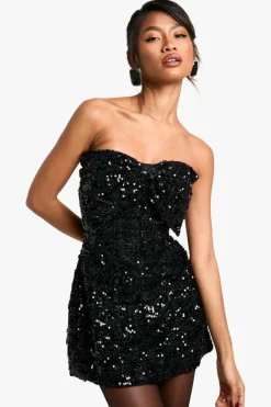 Mini Dresses*boohoo Bow Detail Boucle Sequin Shift Mini Dress black