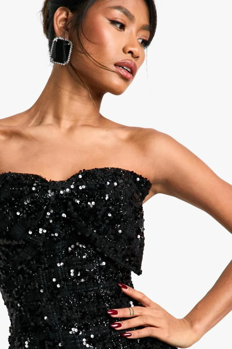 Mini Dresses*boohoo Bow Detail Boucle Sequin Shift Mini Dress black