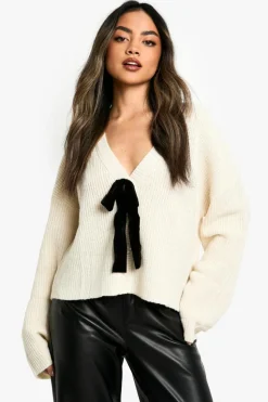 Cardigans|Knitwear*boohoo Bow Detail Cardigan cream