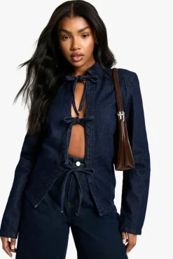 Up To 80% Off Winter Warmers|Denim Jackets*boohoo Bow Detail Tie Front Denim Shacket washed indigo