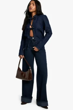 Up To 80% Off Winter Warmers|Denim Jackets*boohoo Bow Detail Tie Front Denim Shacket washed indigo
