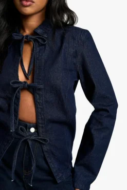 Up To 80% Off Winter Warmers|Denim Jackets*boohoo Bow Detail Tie Front Denim Shacket washed indigo