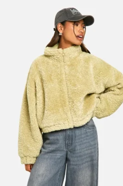 Up To 80% Off Winter Warmers|Bomber Jackets*boohoo Boxy Curly Teddy Bomber Jacket green