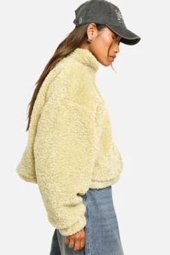 Up To 80% Off Winter Warmers|Bomber Jackets*boohoo Boxy Curly Teddy Bomber Jacket green