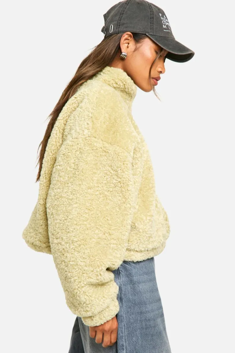 Up To 80% Off Winter Warmers|Bomber Jackets*boohoo Boxy Curly Teddy Bomber Jacket green