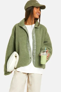 Up To 80% Off Winter Warmers|Bomber Jackets*boohoo Boxy Teddy Jacket sage