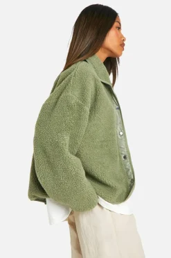 Up To 80% Off Winter Warmers|Bomber Jackets*boohoo Boxy Teddy Jacket sage
