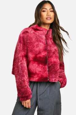 Up To 80% Off Winter Warmers|Bomber Jackets*boohoo Boxy Tie Dye Print Teddy Bomber Jacket red