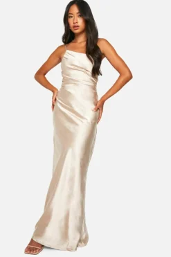Maxi Dresses|Dresses*boohoo Bridesmaid Satin Asymmetric Maxi Dress oyster