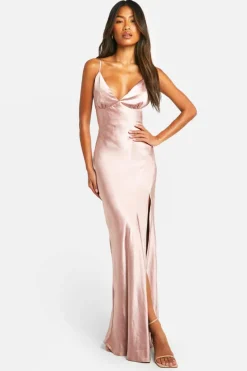Maxi Dresses*boohoo Bridesmaid Satin Asymmetric Maxi Dress mink