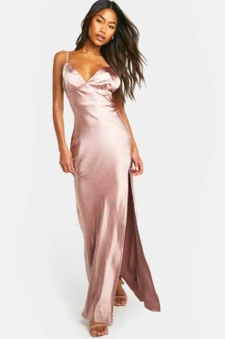 Maxi Dresses*boohoo Bridesmaid Satin Asymmetric Maxi Dress mink