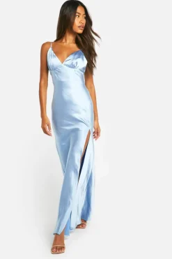 Maxi Dresses*boohoo Bridesmaid Satin Asymmetric Maxi Dress blue