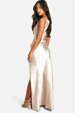 Maxi Dresses*boohoo Bridesmaid Satin Slash Neck Maxi Dress oyster
