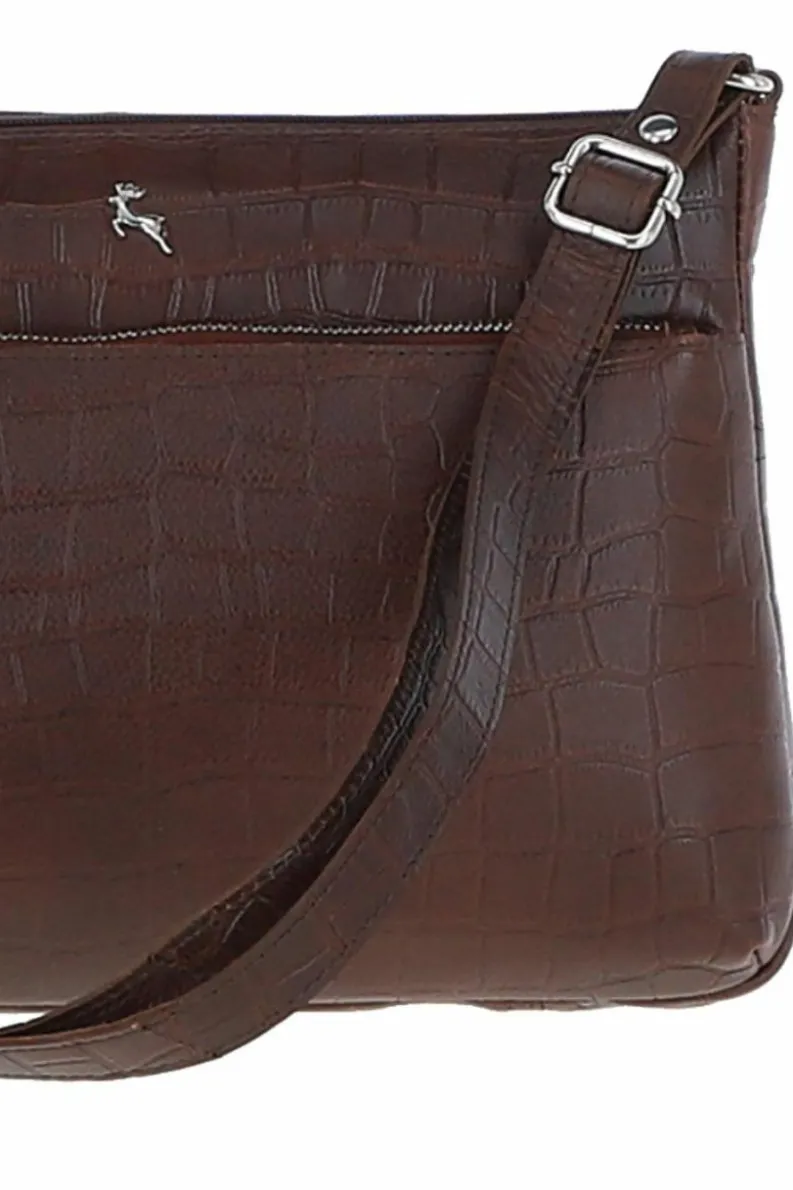 Shoulder Bags*Ashwood Leather Bridge' Croc Print Real Leather Shoulder Bag Maroon