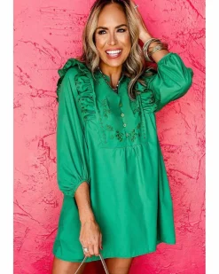 Shirt Dresses*Azura Exchange Bright Green Embroidered Ruffled Trim 3/4 Sleeve V Neck Mini Dress Multi