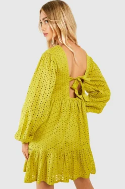 Smock Dresses*boohoo Broderie V Neck Mini Dress olive
