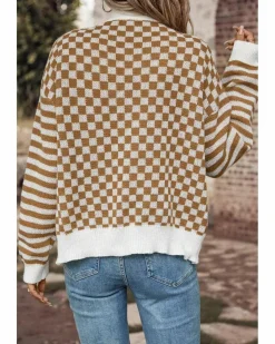 Cardigans*Azura Exchange Checkered Striped Patched Buttoned V Neck Cardigan Brown